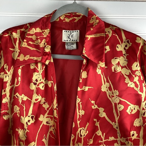 ICE Red 100%Silk Open cardigan jacket with Tie in Front  Size Large red& Gold - Picture 2 of 7